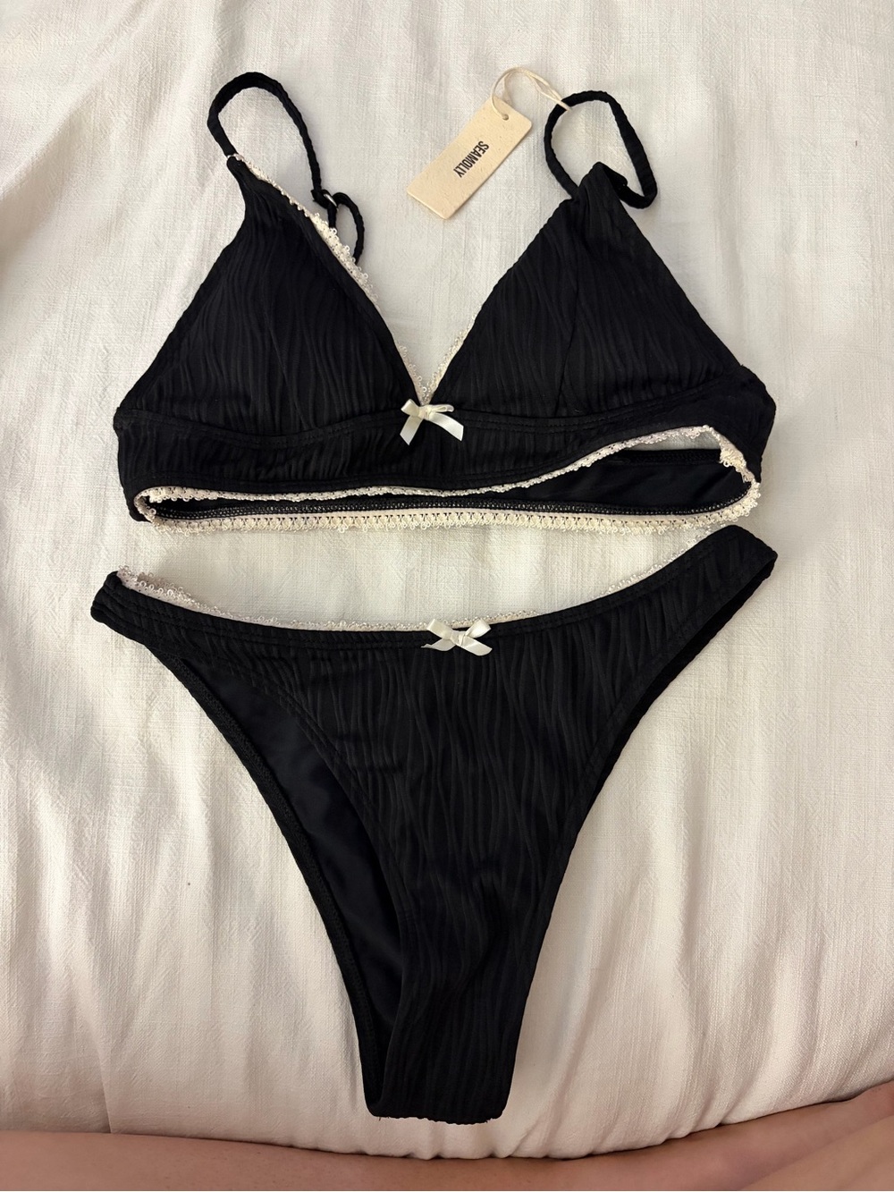 Black Lace-Trim Bikini Set with Contrast Bow - Women Swim Bikini